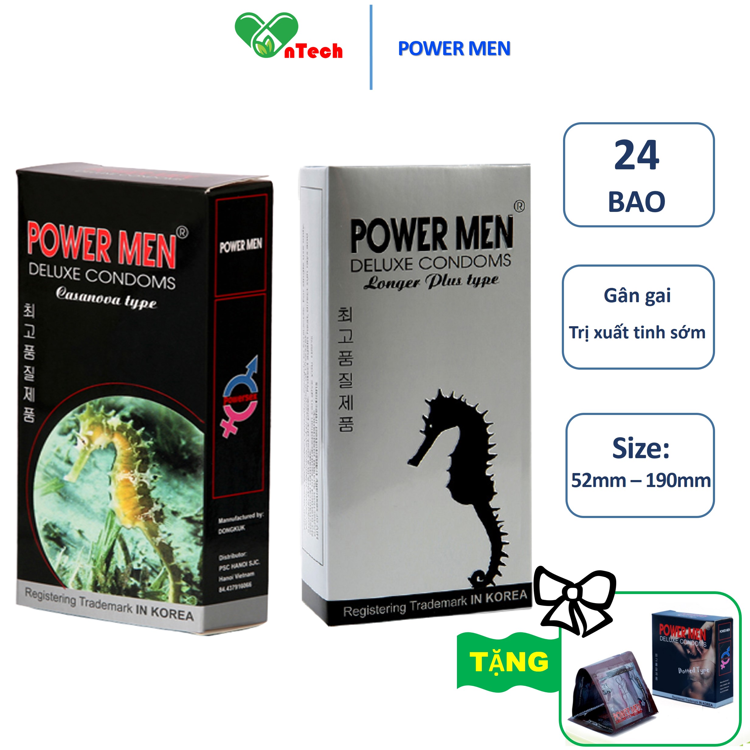 Combo 24 Bao cao su POWER MEN CÁ NGỰA LONG SHOCK Đen và trắng gân gai nổi chứa 9% và 5% Benzocain siêu kéo dài thời gian