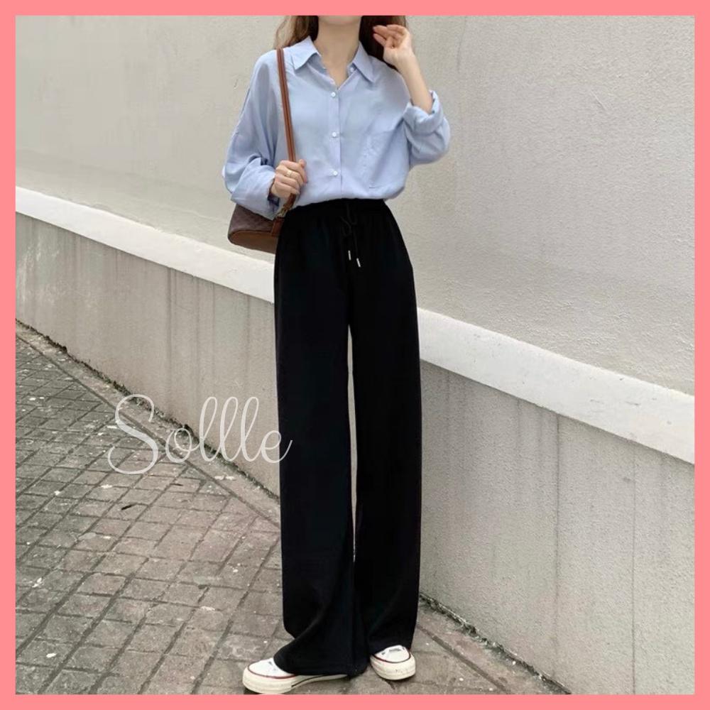 Quần len nữ ống suông rộng cạp chun culottes gân tăm free size chất mát Sollle