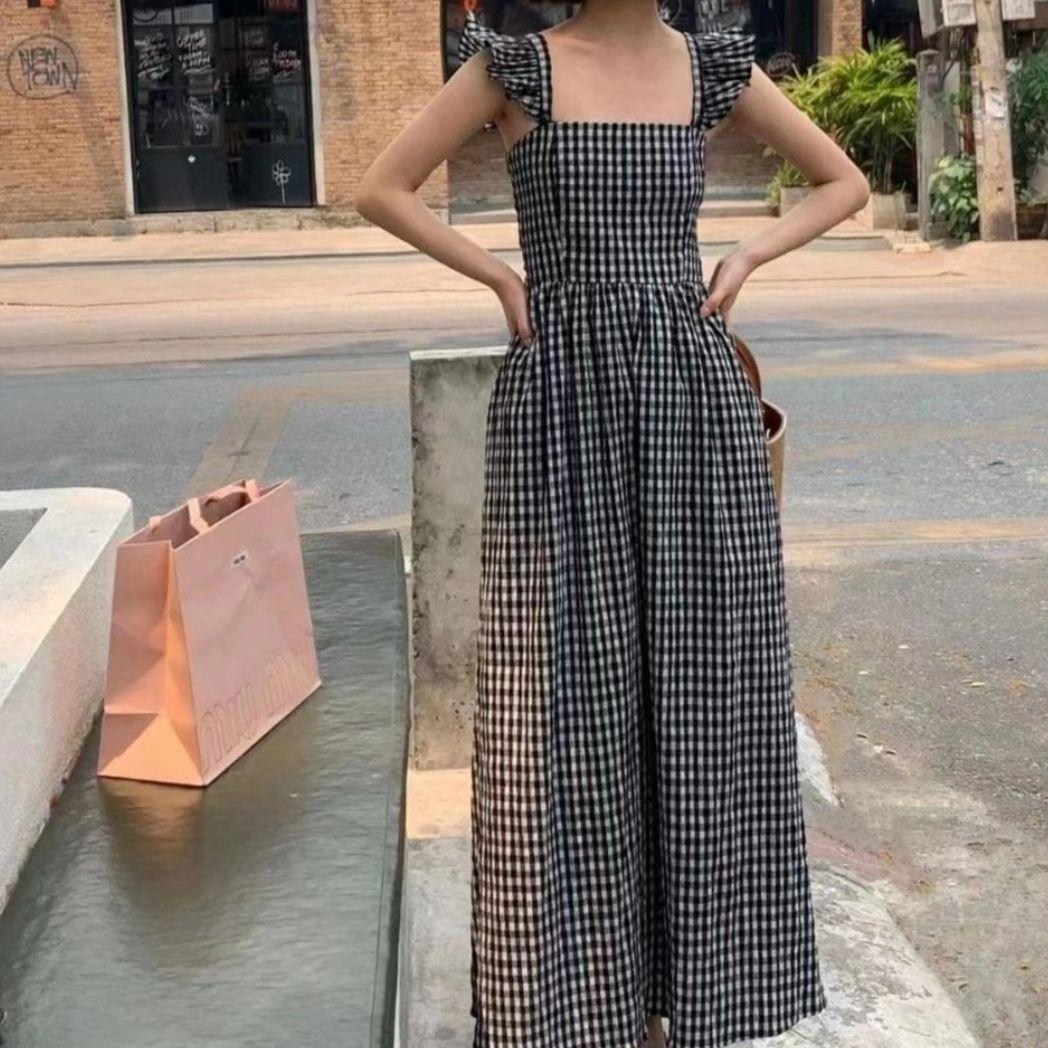 CHENGRUI 2023 Mùa hè Pháp Vintage kiểm tra Flying Sleeve Sling Dress Pleated thắt lưng hiển thị gầy Square Neck Dress cho phụ nữ