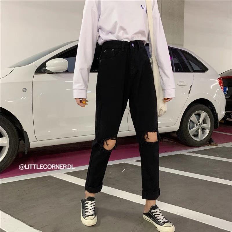 Quần slim baggy jean đen rách gối ô vuông - Quần boyfriend ống suông lưng cao quảng châu hàng sẵn