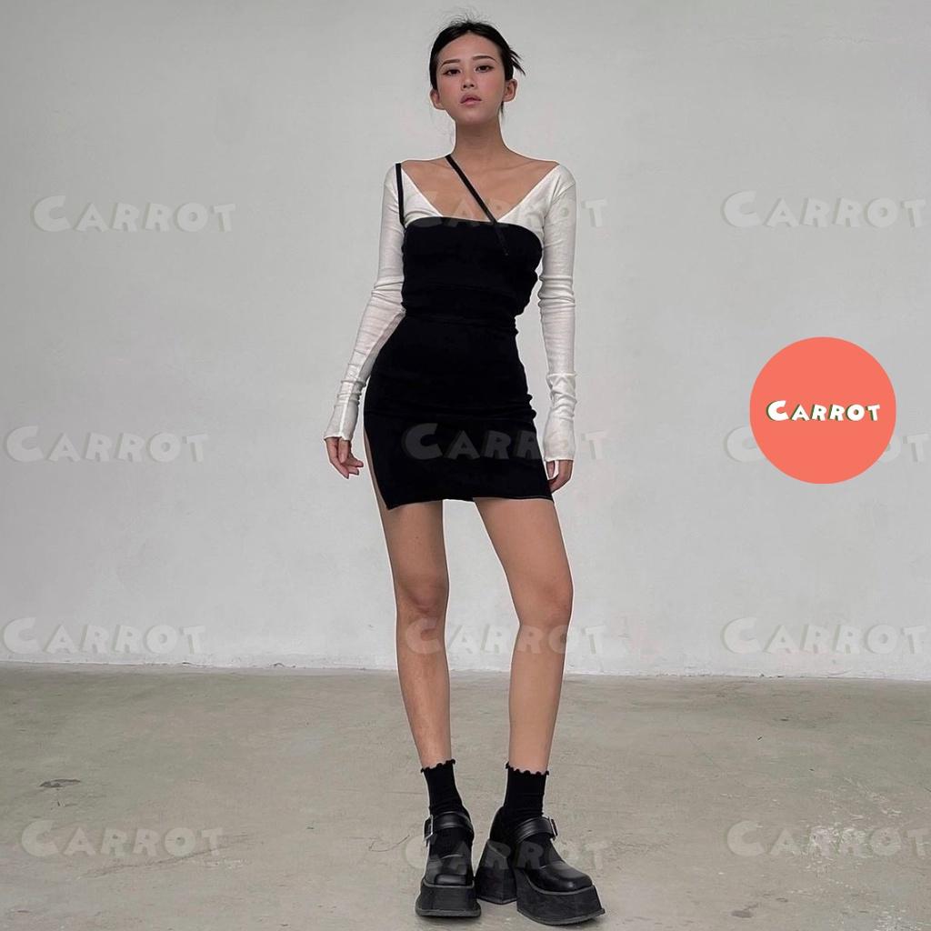 Đầm body sexy tay dài carrotxinhdep váy ôm eo ôm ngực màu đen ngắn dự tiệc chất thun gân co giãn tặng kèm áo trắng