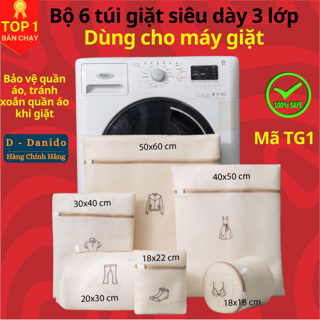 SET 6 túi giặt siêu dày 3 lớp cao cấp - Combo 6 túi lưới bảo vệ quần áo dùng cho máy giặt 3 lớp siêu bền tiện dụng chính hãng D Danido