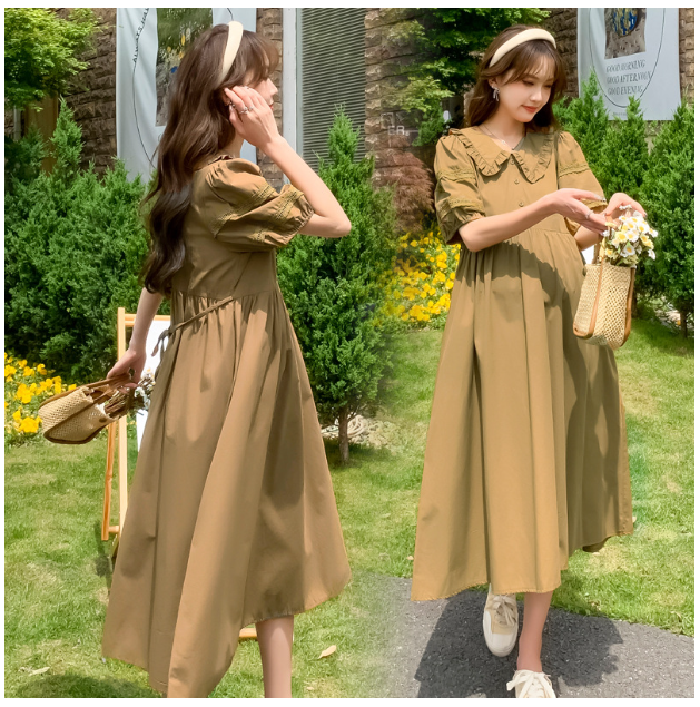 ĐẦM BẦU VÁY BẦU CỔ SEN CÀ PHÊ SỮA  sau sanh có nút mở cho bé ti