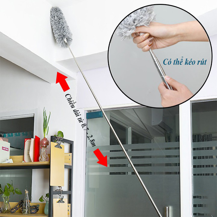 Chổi lông phủi bụi quét trần cán inox dài 2m8 - Chổi quét bụi, cây phất trần