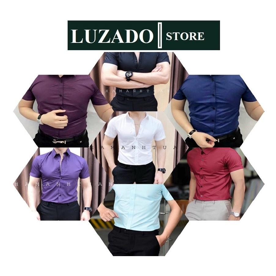 Áo sơ mi nam ngắn tay trơn cổ bẻ basic LUZADO slim fit - Sơ mi nam đẹp cao cấp cộc tay công sở vải kate cao cấp VNXK