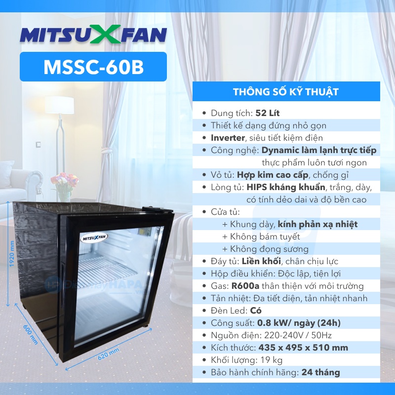 Tủ Mát Mini Cao Cấp MITSUXFAN MSSC-60B 52 Lít, Inverter Tiết Kiệm Điện, Chất Liệu HIPS Kháng Khuẩn , MSSC60B, Phù hợp cho phòng khách sạn, resort, nhà hàng, phòng gym, karaoke, gia đình... - Giao Miễn Phí Toàn Quốc, Hàng Chính Hãng