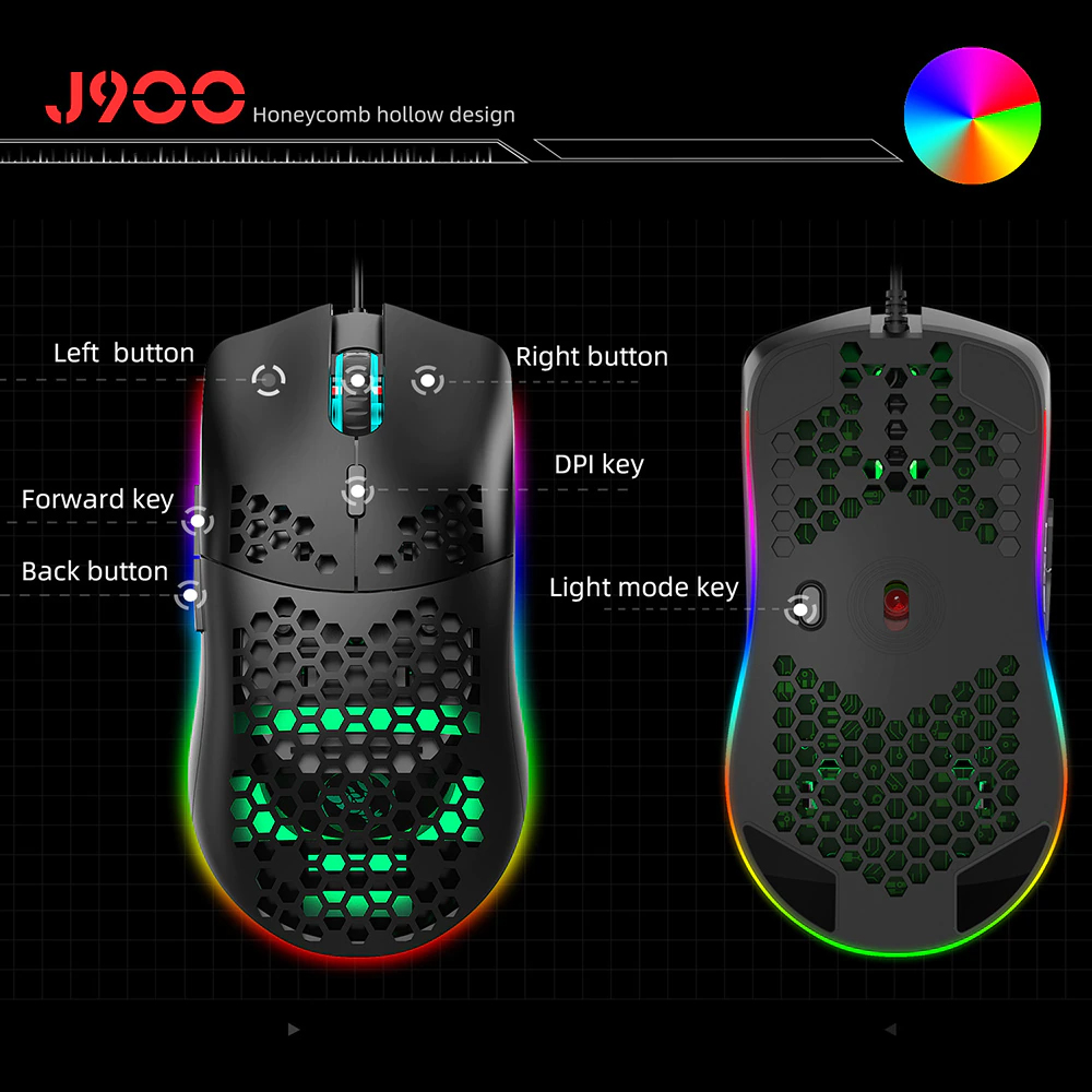 Chuột Chơi Game, Văn Phòng Có Dây HXSJ J900 Độ Nhạy Sáng 6400DPI - USB Wired Gaming Mouse RGB Gaming Mouse with Six Adjustable DPI Ergonomic Design for Desktop Laptop Black - Hàng Chính Hãng