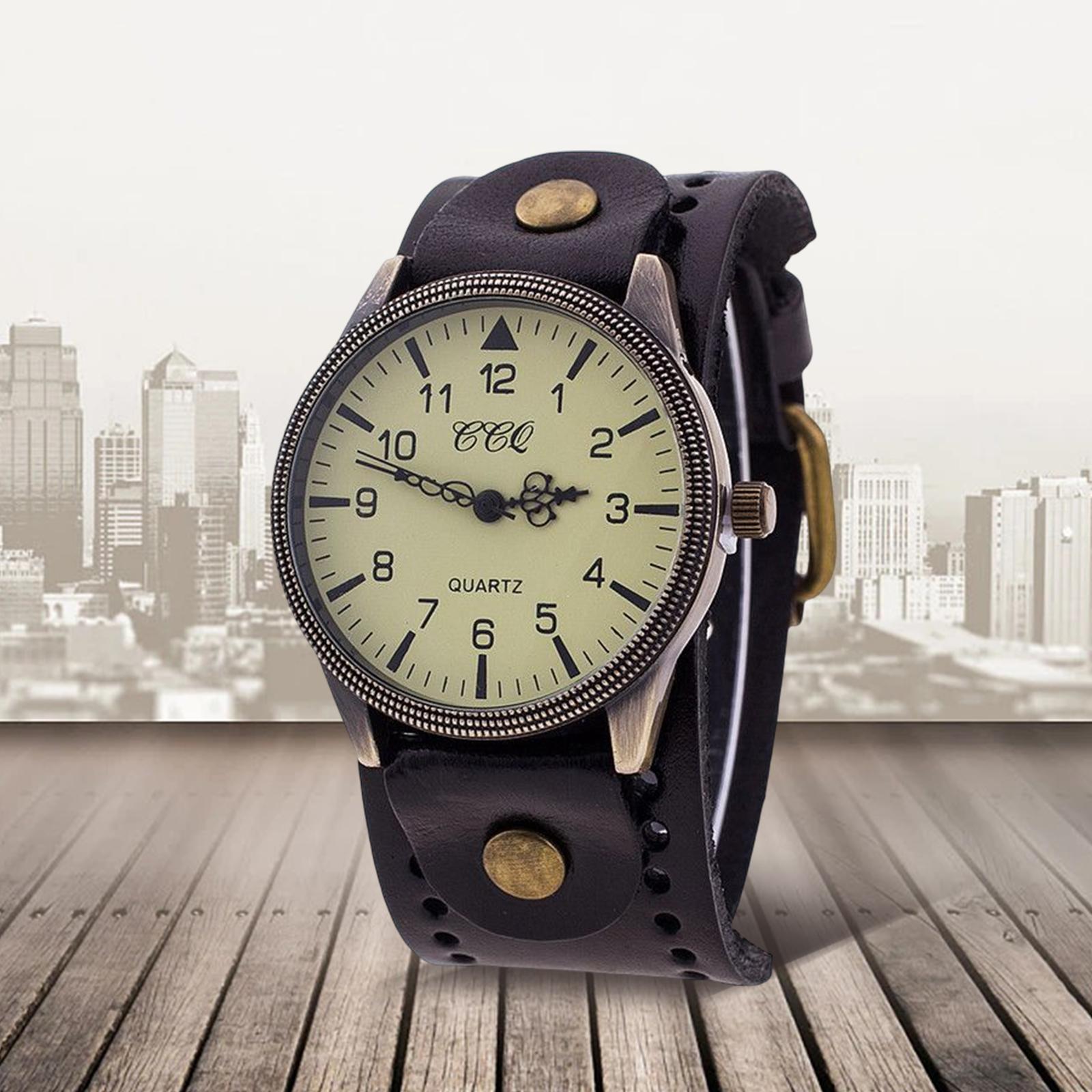 Vintage Bracelet Watch PU Leather Wide Leather Strap for Men Comfortable Black