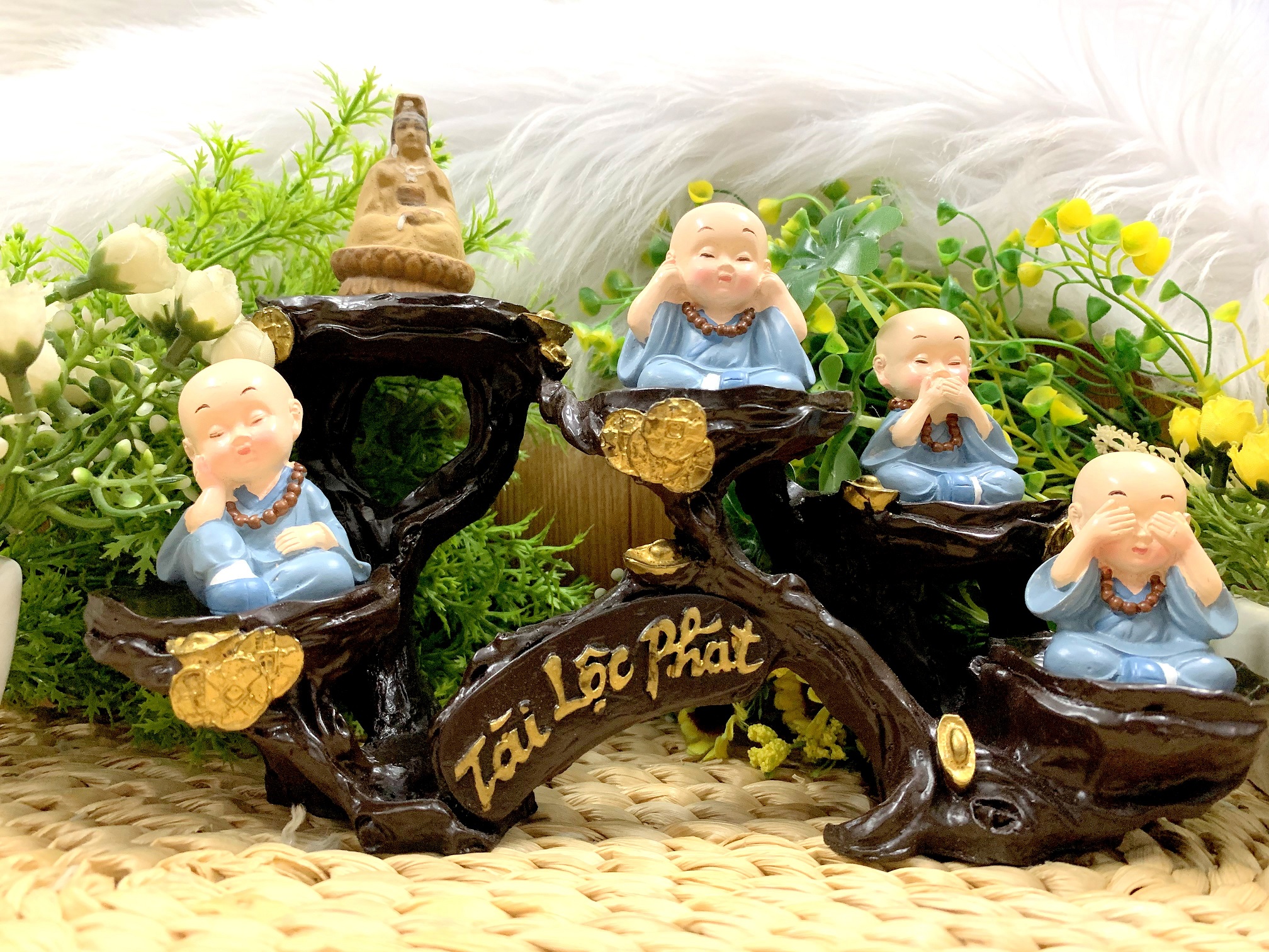 Full Set Quan Âm Bồ Tát và các Chú Tiểu tọa đế Tài Lộc Phát