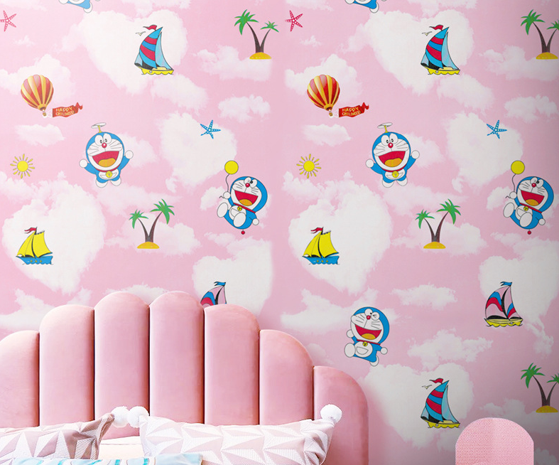 Combo 10 mét giấy dán tường, decal dán tường trang trí nhà cửa ĐÔ RÊ MON BẦU TRỜI HỒNG khổ 45cm