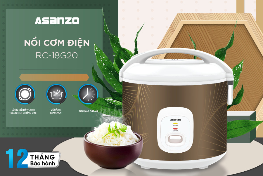 Nồi Cơm Điện Nắp Liền ASZ RC-18G20 Loại 1.8 Lít, 700W - Hàng Chính Hãng