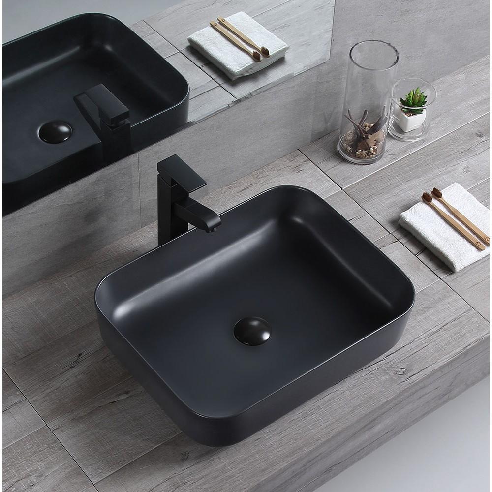 Chậu sứ lavabo để bàn màu đen kiểu vuông mỹ thuật