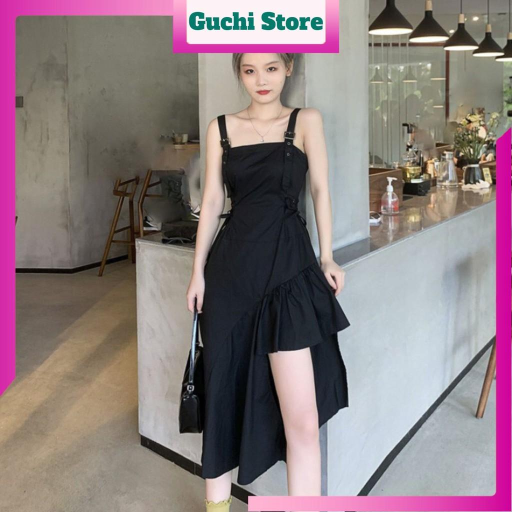 Đầm 2 Dây Đen Lêch Vạt Buộc Eo Siêu Xinh