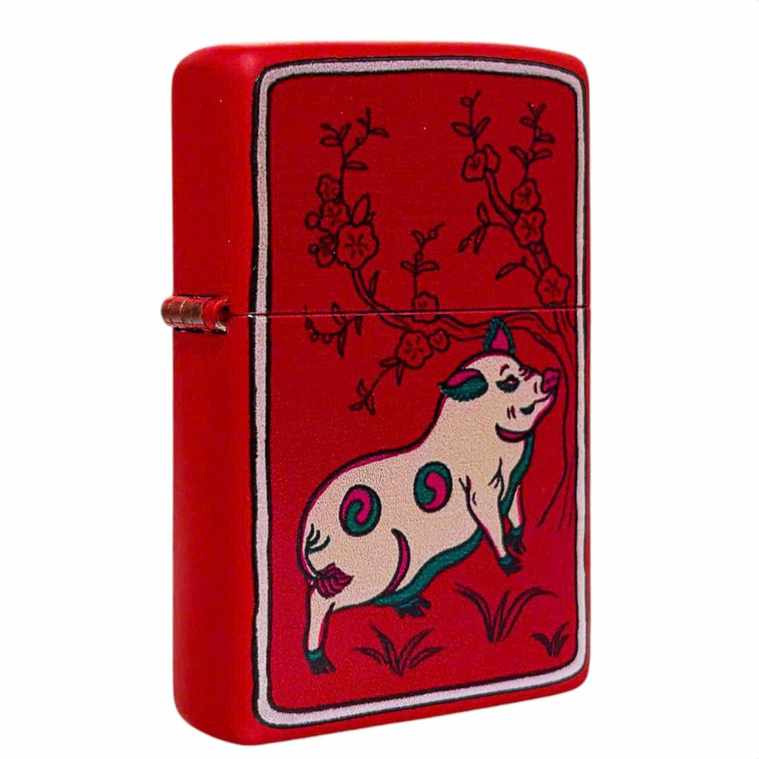 Bật lửa Zippo Year of the Pig - Phiên Bản 12 Con Giáp (Tuổi Hợi) Thiết Kế Việt Nam, Sơn Tĩnh Điện Đỏ May Mắn Chính Hãng