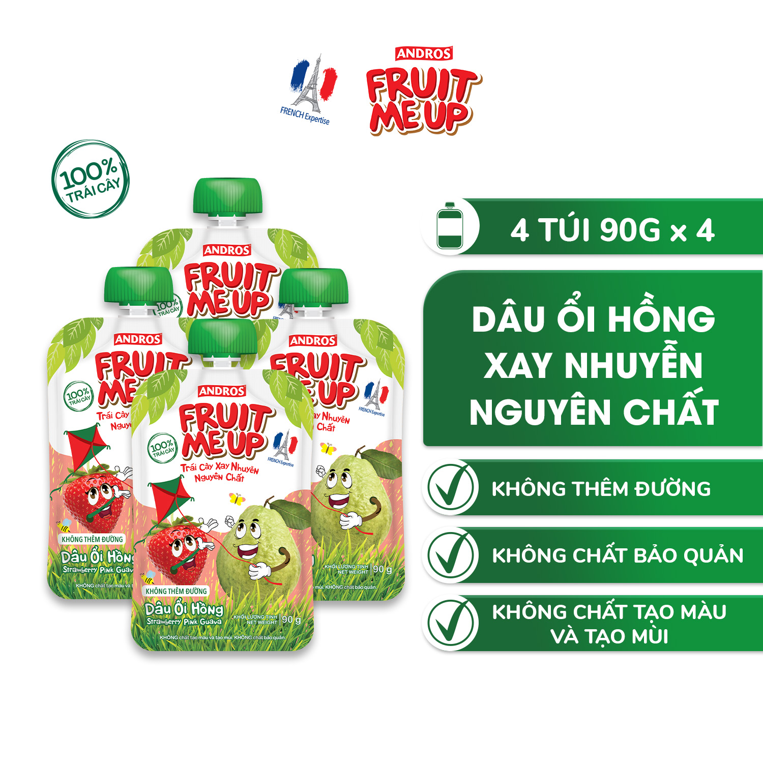 Trái Cây Xay Nhuyễn Nguyên Chất Andros Fruit Me Up  - Dâu Ổi Hồng - Hộp 4 Túi (90g x 4)