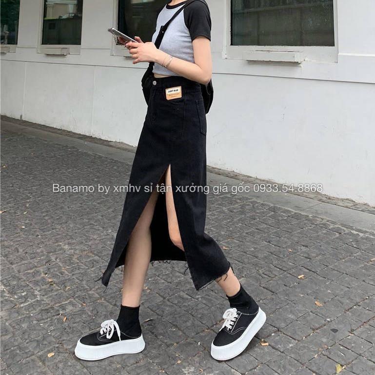 Chân váy jean xẻ đùi Banamo Fashion chân váy bò xẻ tà dáng dài cạp cao phong cách Ulzzang 564