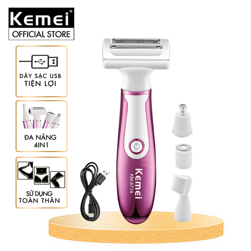 Máy tẩy lông đa năng 4in1 Kemei KM-6714 gồm 4 đầu thay thế chuyên dụng cạo lông toàn thân, tỉa lông mũi - Chính hãng