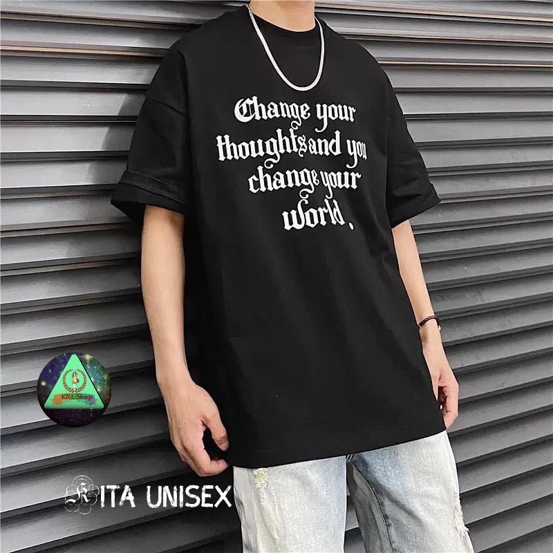Áo Thun Nữ Tay Lỡ - Áo Phông Nam Nữ Form Rộng Freesize - Mẫu CHANGE WORDS - Vải Chất Cotton Mềm Mịn Mát Kita Unisex