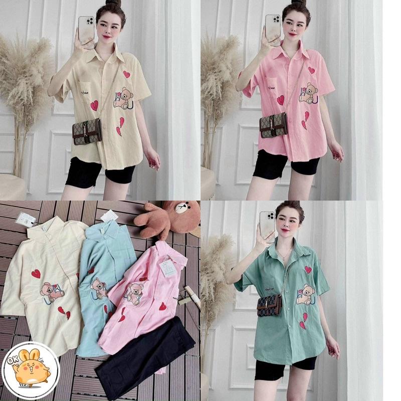 Set Bộ Đồ Nữ Áo Sơ Mi Tim Gấu + Quần Legging Ngố