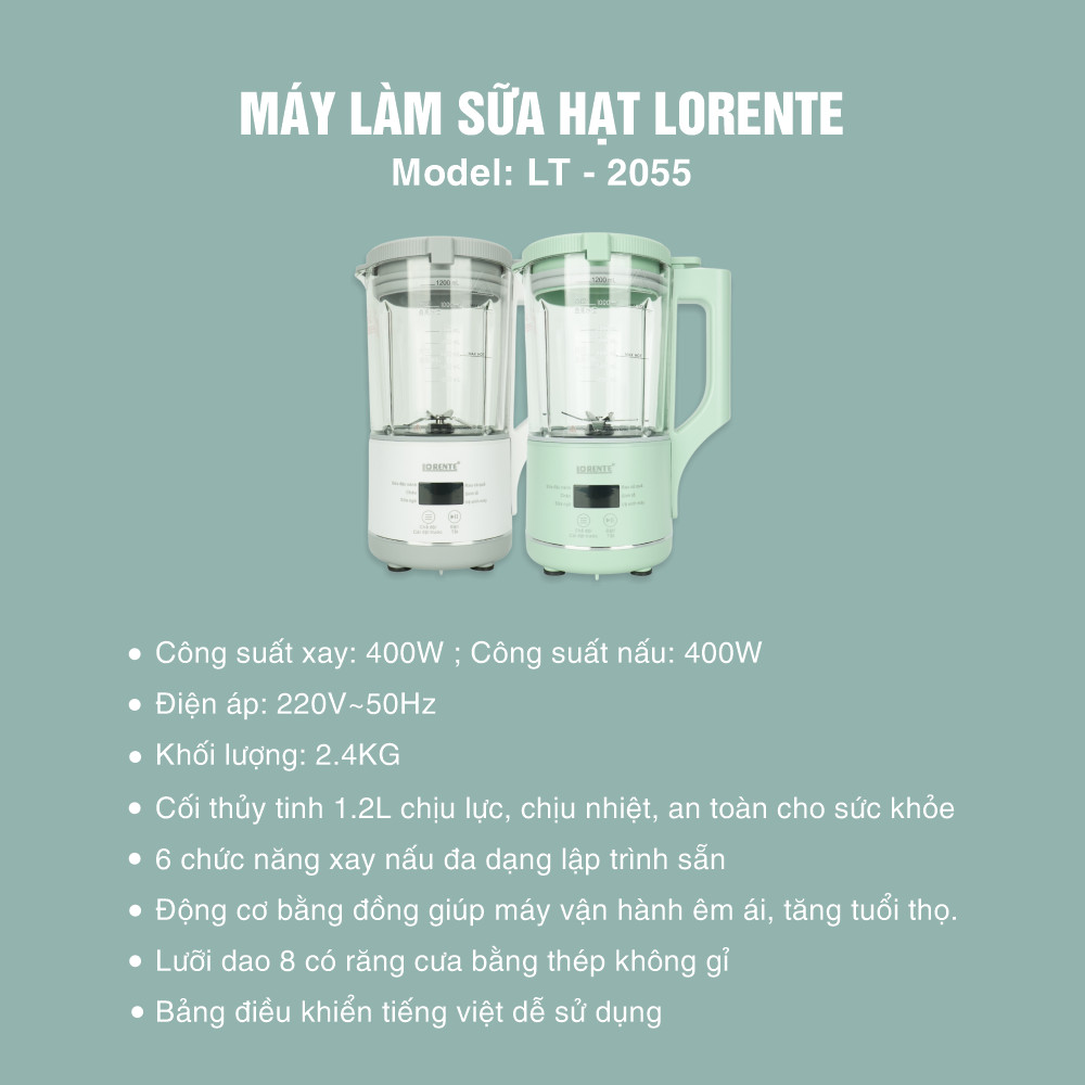 Máy xay nấu sữa hạt mini cao cấp Lorente LT-2055 dung tích 1.2 lít, công suất 400W, 8 lưỡi dao - Hàng chính hãng