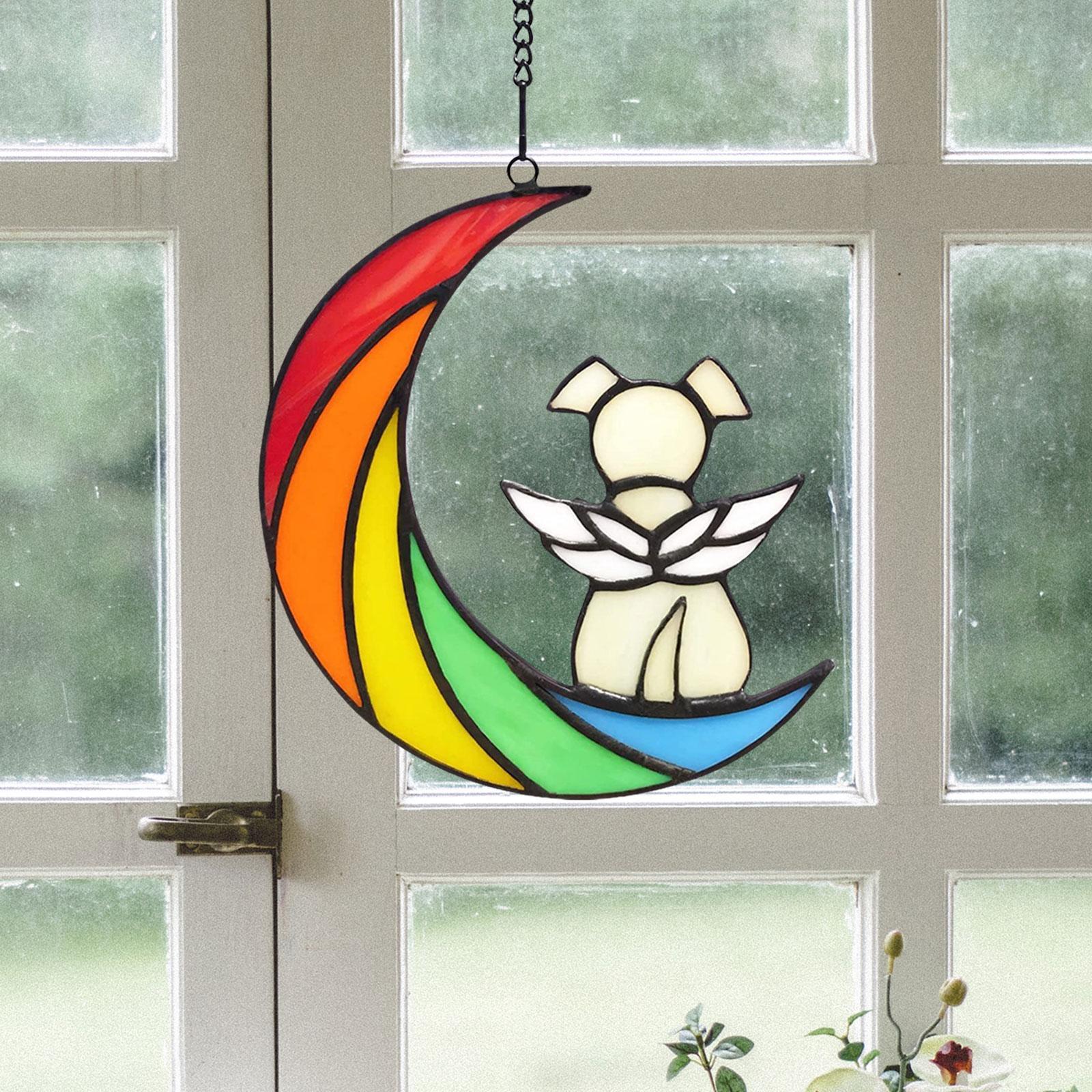 Stained Glass Window Hangings Dog on The Moon Ornament for Bedroom Decor