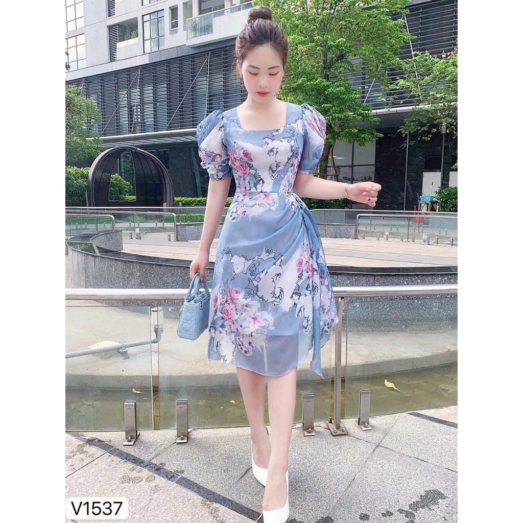 Đầm lụa xoè hoạ tiết hoa tay phồng bèo eo sang chảnh