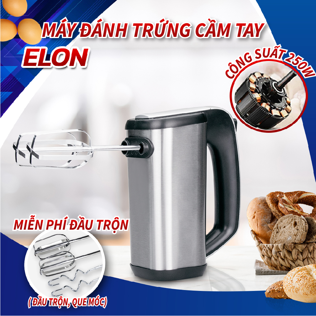 Máy Đánh Trứng/ Máy Trộn Thực Phẩm Cầm Tay Elon Mixer. Giá Hấp Dẫn, Trộn Nhanh Mọi Thực Phẩm, Dễ Thao Tác Với 5 Tốc Độ Trộn. Hàng Nhập Khẩu Cao Cấp Chính Hãng SGE Thailand. Máy Được Tặng Kèm 2 Đầu Trộn Cánh Quạt Và 2 Đầu Trộn Móc