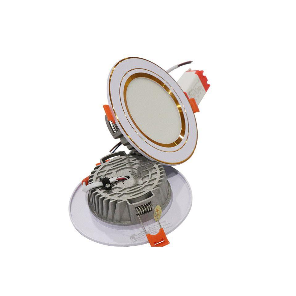 Đèn âm trần đế đúc 7w, 3 chế độ sáng , đèn downlight phi 90 viền vàng/bạc