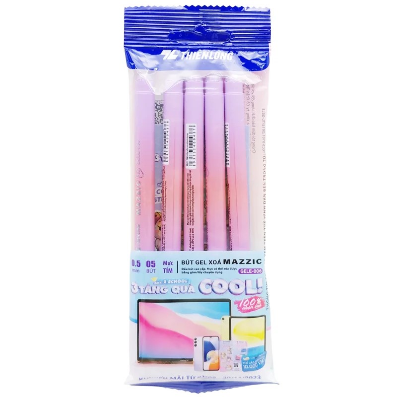 Vỉ 5 Bút Gel Xóa Được 0.5 mm - Thiên Long GELE-006 - Mực Tím