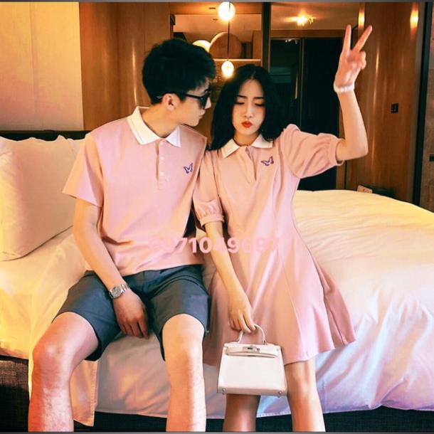 Váy thun đôi: Váy thun polo thêu bướm + Áo polo nam phối hợp