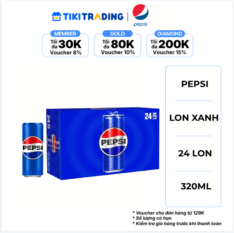 Thùng 24 Lon Nước Ngọt Có Gaz Pepsi lon xanh 320mllon