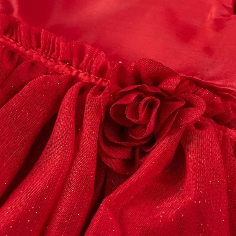 Đầm xoè đỏ bé gái HM voan phối satin sang chảnh