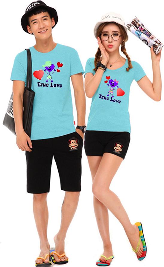 Bộ Áo Thun Đôi Nam Nữ True Love Màu Xanh Thiên Thanh - XXL - XL