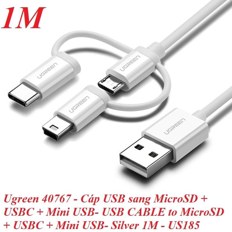 Ugreen UG40767US185TK 1m màu Bạc Cáp dữ liệu USB 3trong1 micro + lightning + mini USB + truyền dữ liệu từ máy tính ra điện thoại - HÀNG CHÍNH HÃNG