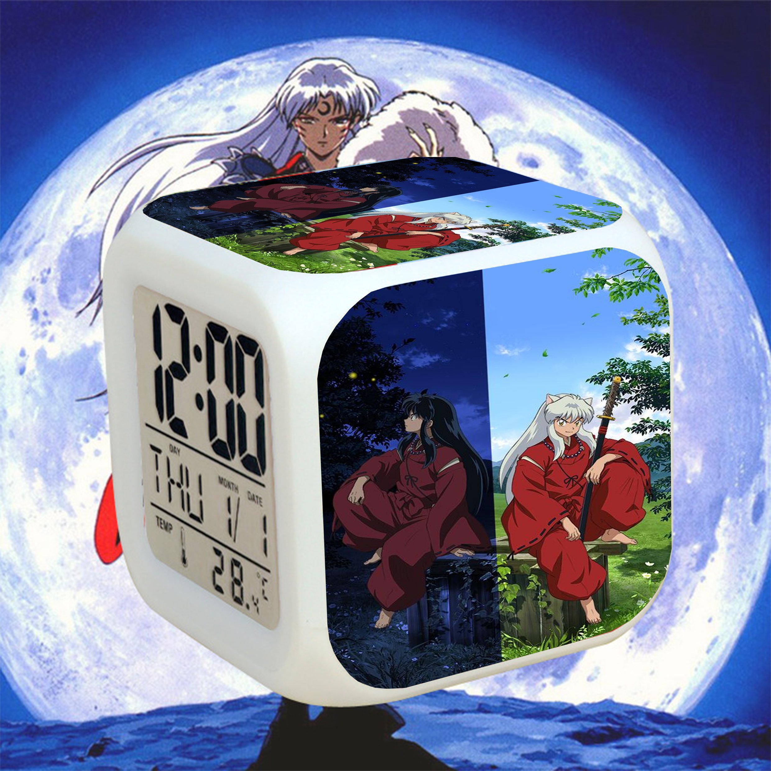 Đồng hồ báo thức để bàn in hình INUYASHA KHUYỂN DẠ XOA đèn LED đổi màu anime chibi xinh xắn