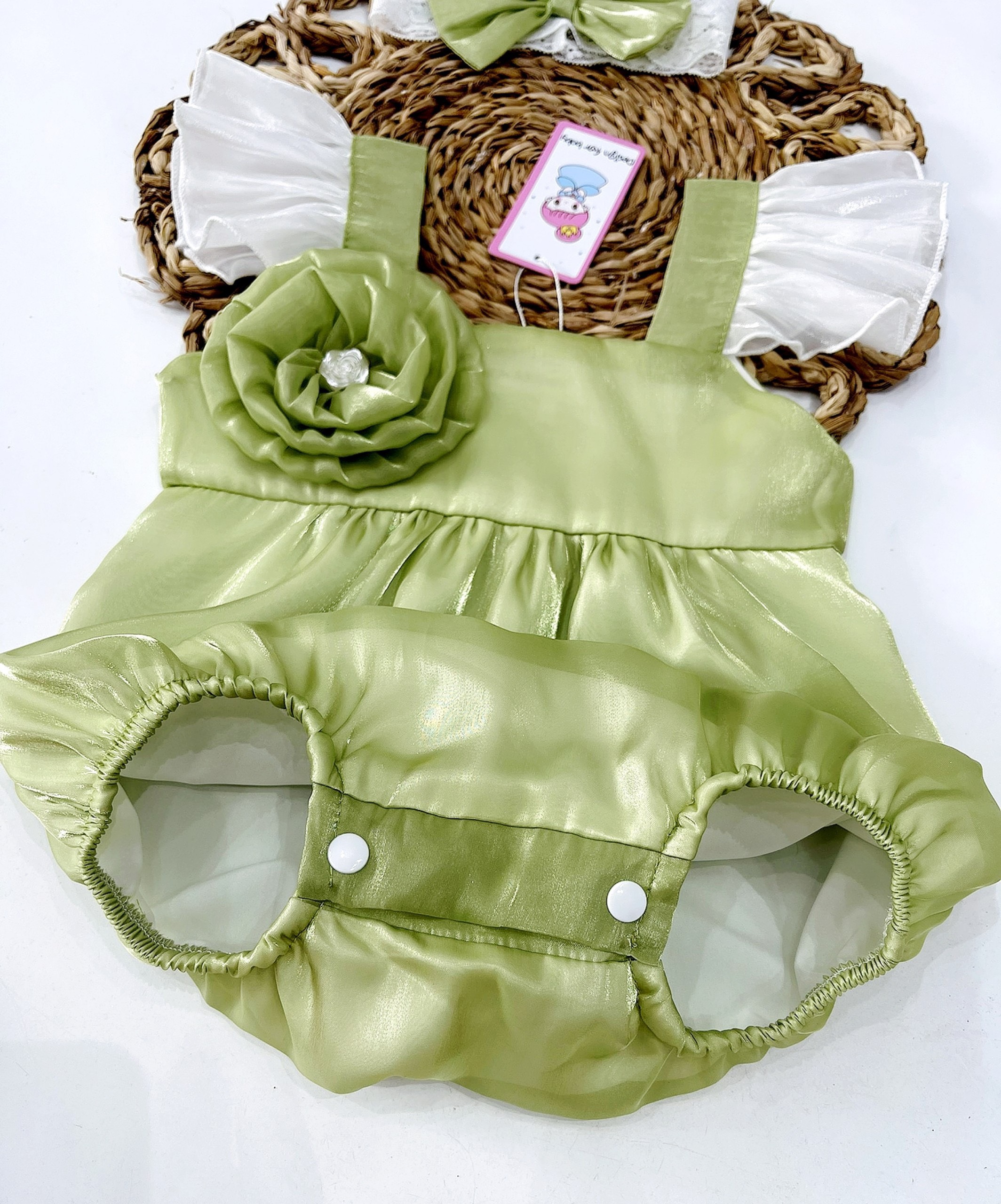 Body cánh tiên xanh bơ vải tơ Organza mềm mại tặng kèm phụ kiện xinh cho bé gái sơ sinh-12kg