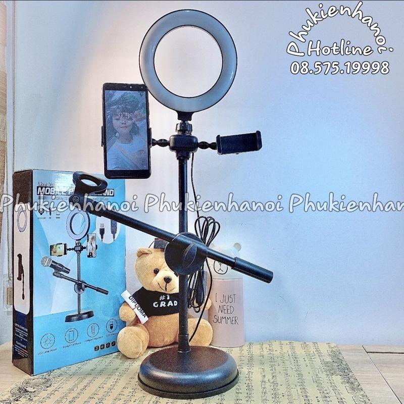 Đèn LiveStream 4in1 Có Chân Đỡ Micro Kẹp Hai Điện Thoại - Livestream Đa Năng Có Đèn Led
