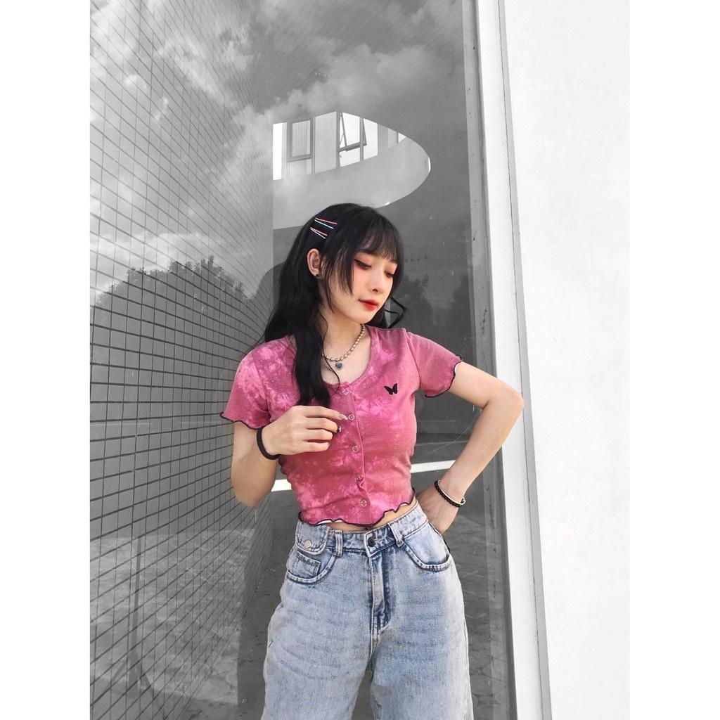 Áo Croptop Nữ Tay Ngắn Tiedye Butterfly In Loang Màu Ulzzang (Ảnh Thật