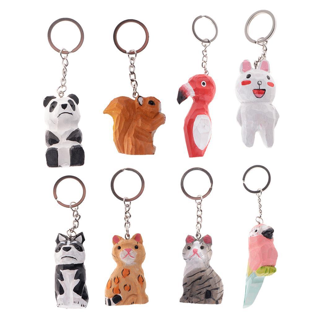 8 Styles Cute Hand Carved 3D Animal Wood Craft Pendant Keychain Wood Keyring Car Bag Purse Hanger for Home Car Key Holder Phone Pendant Gifts