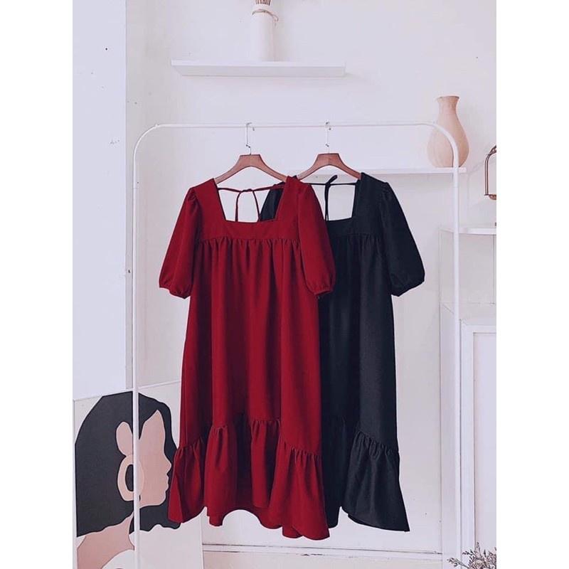 Váy maxi chất đũi freesize đuôi cá dáng rộng buộc dây sau - Đầm bầu from rộng hai màu đen, đỏ