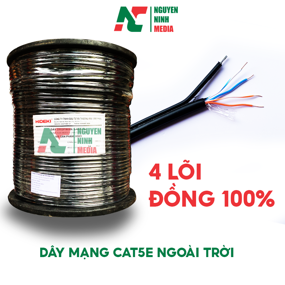 Dây Cáp Mạng Ngoài Trời HIDEKI Cat5e Dropwire 4 Lõi Đồng Nguyên Chất, Có Sợi Thép Chịu Lực, Vỏ HDPE Siêu Bền - Hàng Chính Hãng