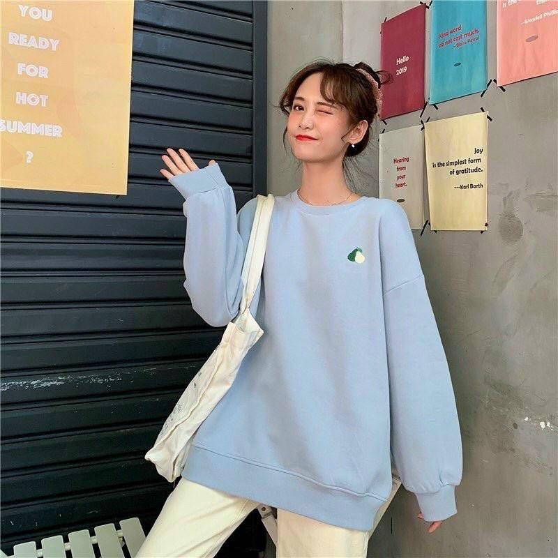 Áo Sweater Nỉ Bông Tay Dài Màu Trơn Logo Trái Cây Thêu Siêu Cute