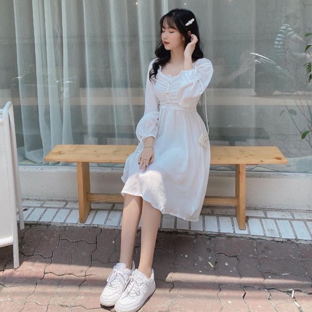 Váy babydoll dáng dài trắng tay bồng 3 khuy ngực, đầm nữ dự tiệc dáng xòe