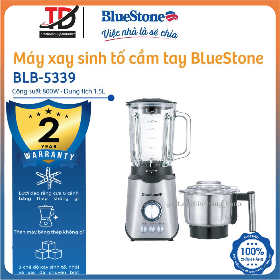 Máy Xay Sinh Tố BlueStone BLB-5339, 800W Cối Thủy Tinh Và Inox 304, Xay được hạt và đá, Hàng chính hãng