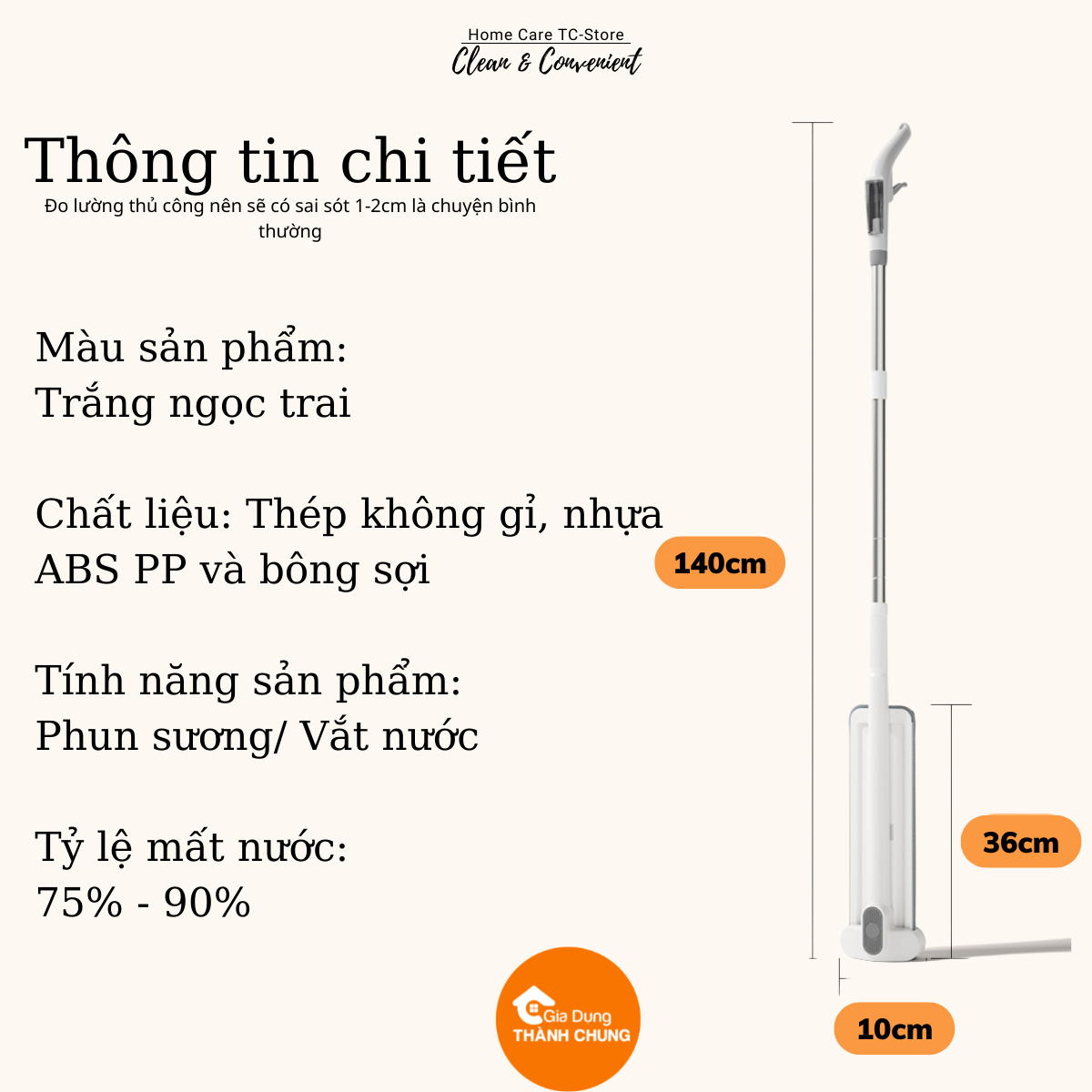 Cây lau nhà Thành Chung 2 in 1 Phun Sương Tự Vắt Tiện Lợi Có Kèm 2 Miếng Giẻ Thay Thế