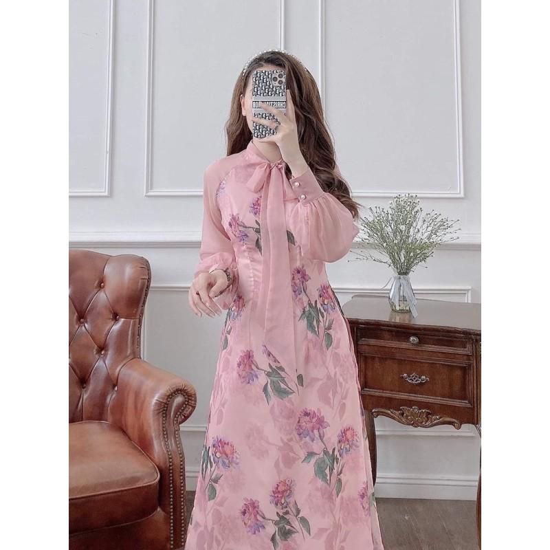 Áo dài hoa thiết kế nơ cổ