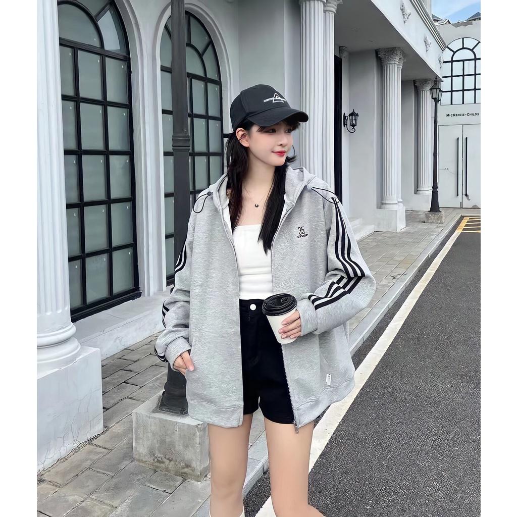Áo Khoác Nỉ Nam Nữ Unisex Mũ Dây Rút Chạy Sọc