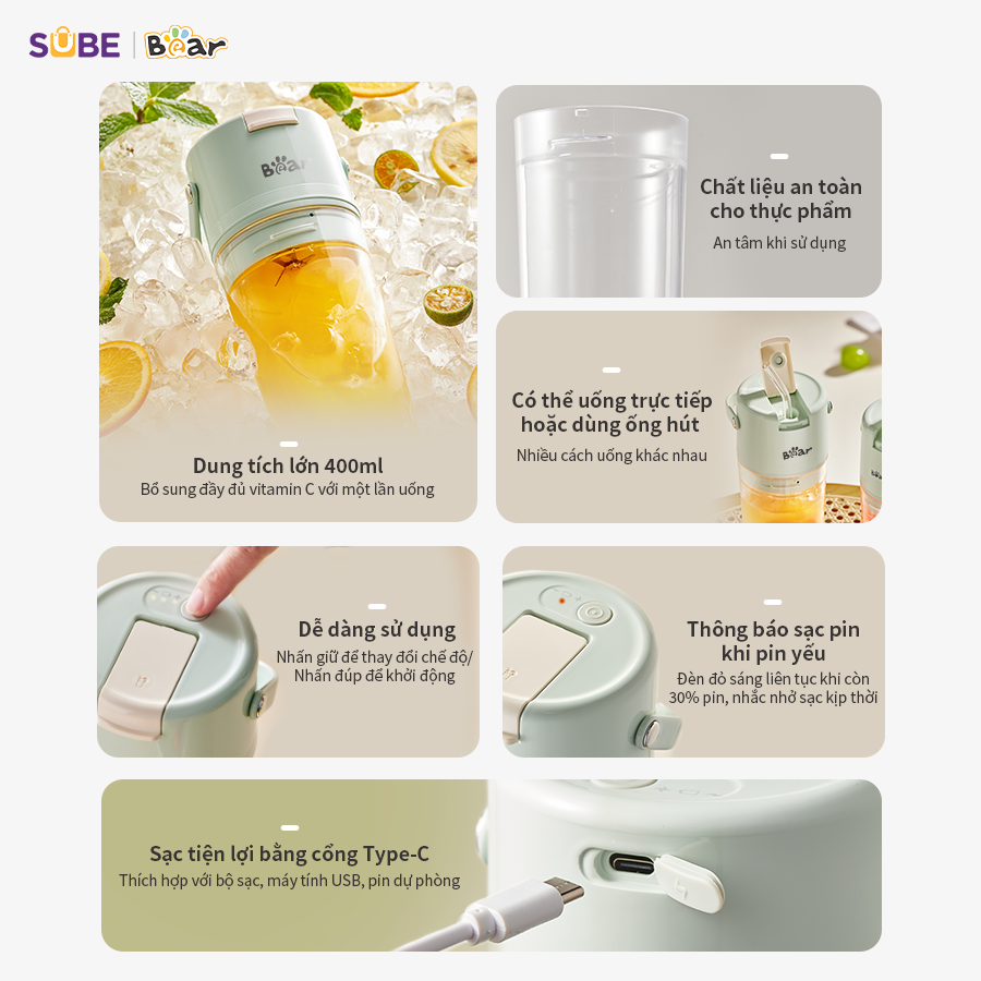 Máy Xay Sinh Tố Bear Máy Xay Đa Năng Máy Xay Cầm Tay Máy Xay Sinh Tố Tiện Lợi Xay Nhanh Xay Rau Củ 400ml MX04X-HÀNG CHÍNH HÃNG