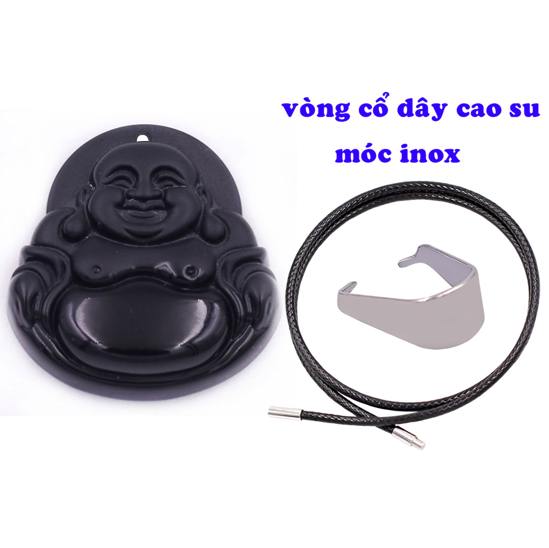 Mặt dây chuyền Phật Di lặc đá đen 4.5 cm  kèm vòng cổ dây cao su đen + móc inox trắng, mặt dây chuyền Phật cười