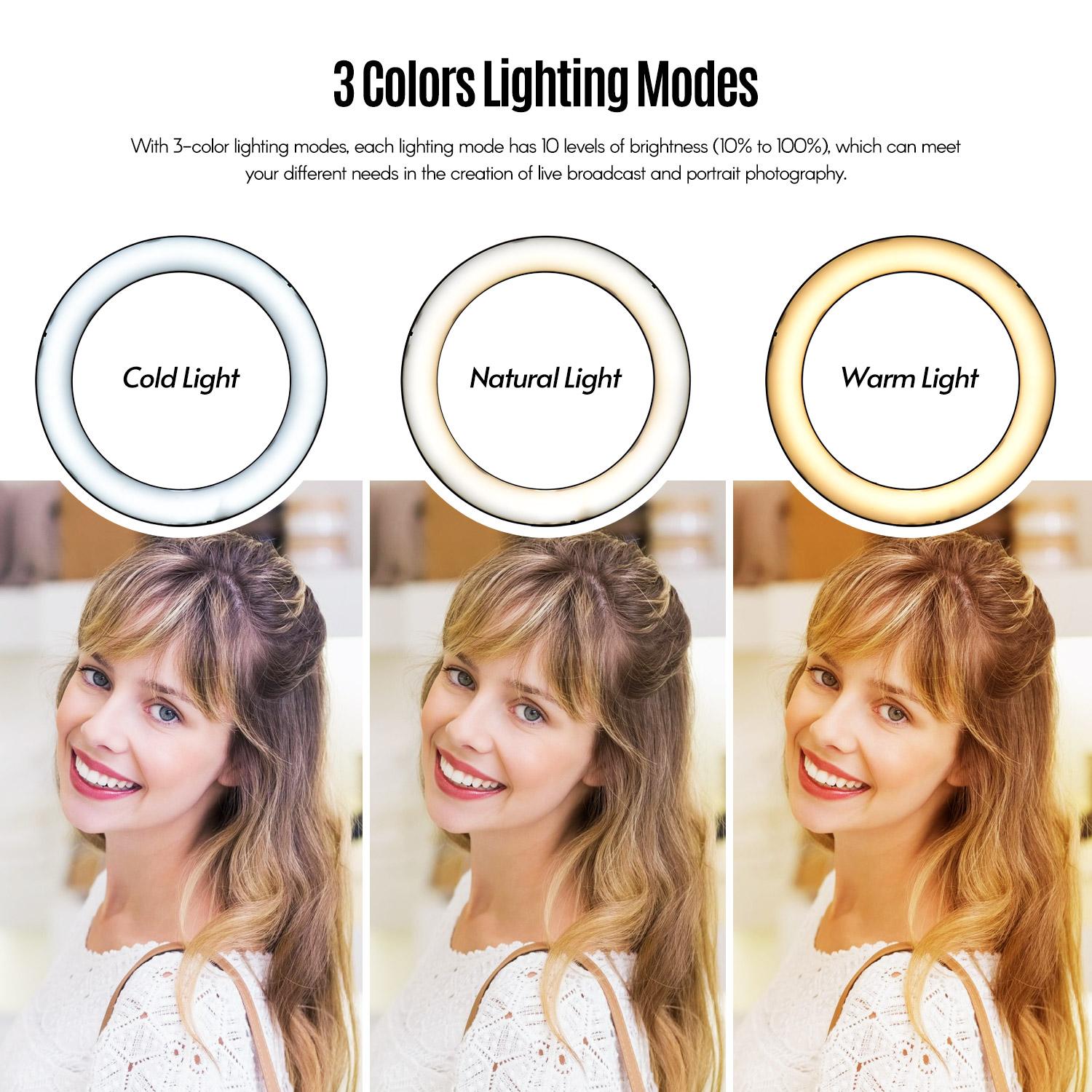 Vòng LED 10 cấp có thể thay đổi màu hai màu Ánh sáng 8,6 inch / 22cm Đường kính 3000-6000K bằng hợp kim nhôm